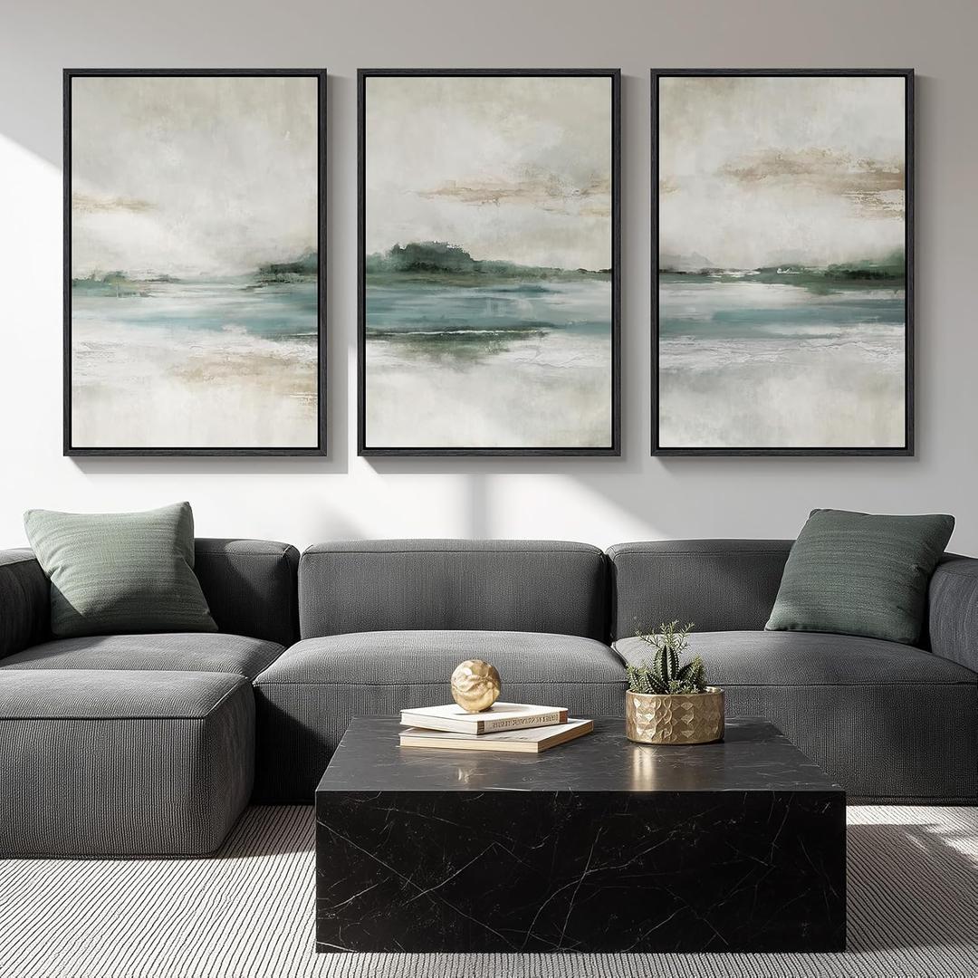 Large Framed Abstract Nature Landscape Wall Art for Living Room, Set of 3 Modern Canvas Prints Paintings Artwork for Walls, Green Lake Pictures for Hallway, Dining Room, Office Wall Decor 24x36 Inch