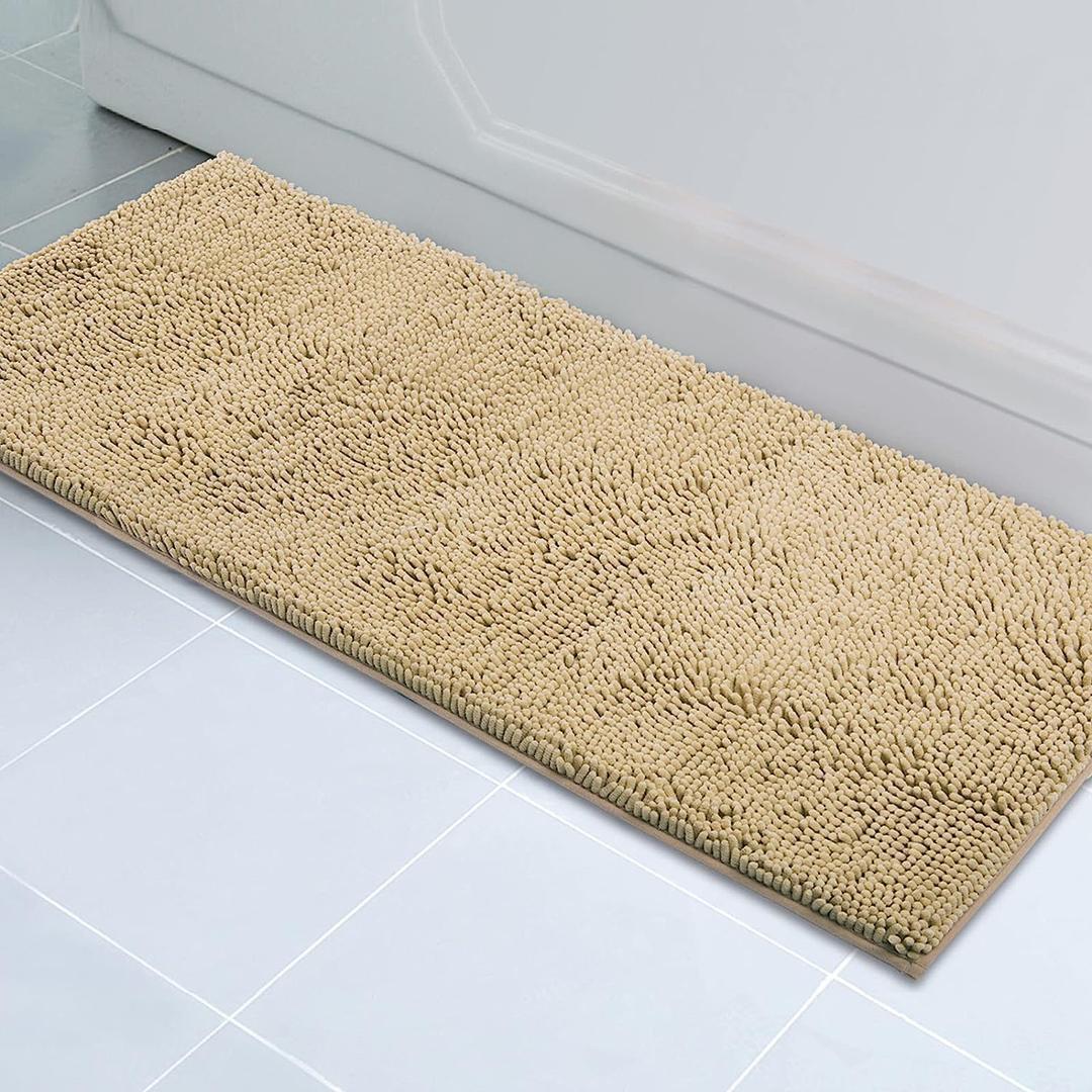ITSOFT Plush Microfiber Long Runner - Non Slip Soft Bathroom Rug, Absorbent Machine Washable Chenille Bath Mat | Quick Dry Carpet, Great for Bath, Shower, Bedroom, or Door Mat (Beige, 59x21)