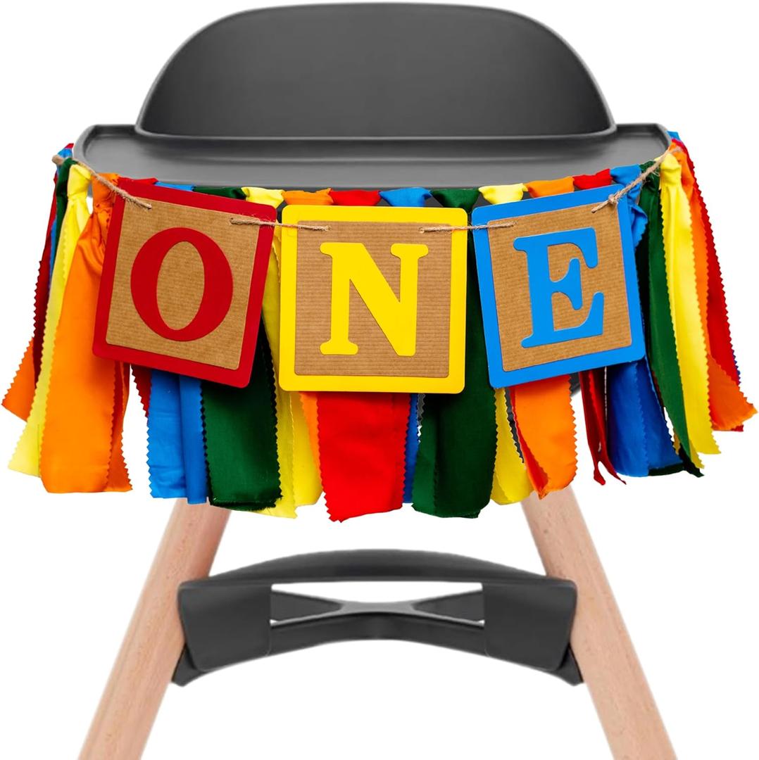 Upfirst Colorful One High Chair Banner - Building Block Themed Birthday Party Decorations Supplies,1st Birthday Photo Props,Cake Smash Party Rainbow Fabric Strips Banner
