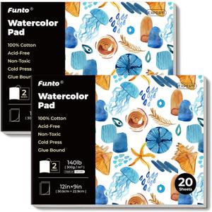 Funto Watercolor Pad, 2Packs, 12x9, 20 Sheets Each, 140lb/300gsm, 100% Cotton, Cold Press, Glue Bound, Easy Tear Heavyweight Art Paper for Painting