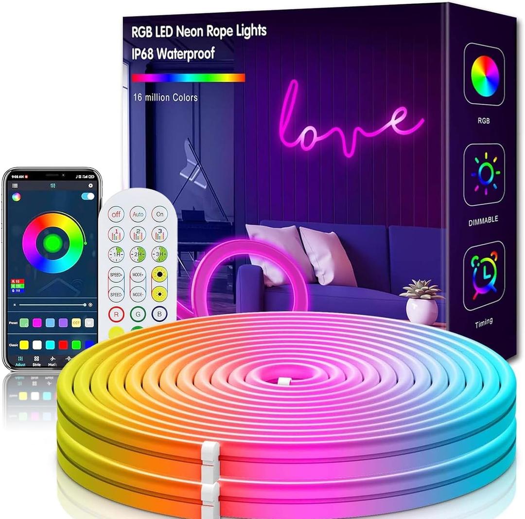 RGB Neon Strip 3 m, 24 V Neon LED Strip, Silicone Light Band, Flexible with App/Remote Control, IP67 Waterproof Music Synchronisation Strip for Home Decoration Lighting (5 m)