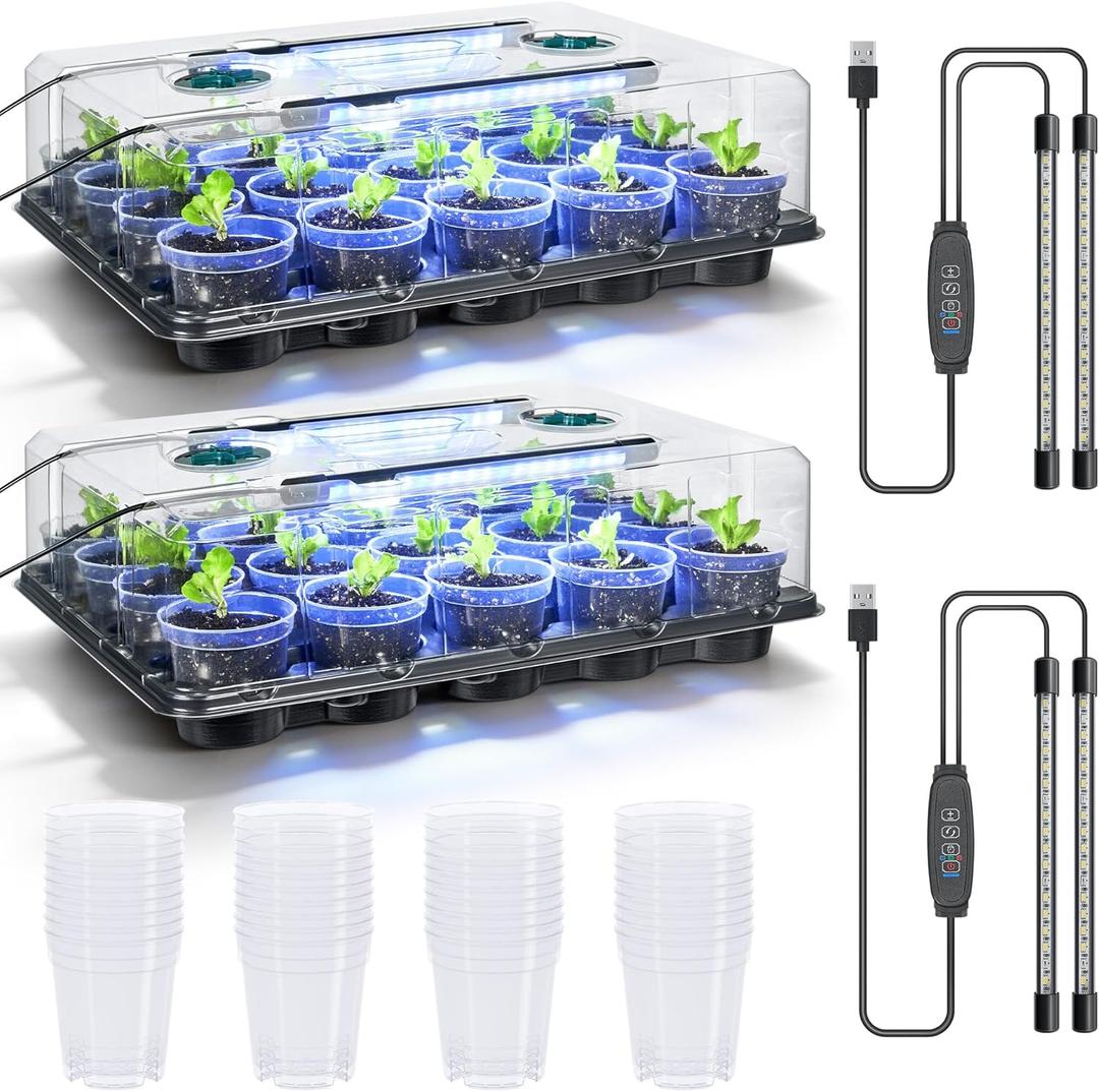 homenote 3 Inch Seed Starter Trays 2 Pack,20-Cell Seedling Starter Trays with Grow Light/Humidity Dome/3" Nursery Pots 40 Pcs,Planting Trays for Seedling,Plastic Germination Kit for Growing