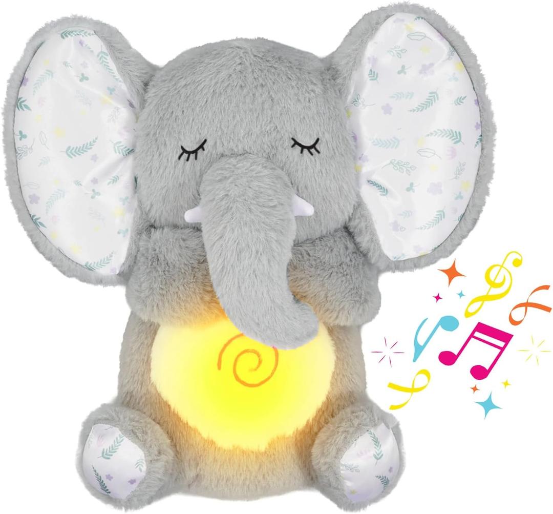 Breathing Stuffed Animal, Elephant Plush, Sleeping Plush for Kids Toy Birthday Gift with Sensory Details Musical Lights and Rhythmic Breathing Sleep Companion (Grey)
