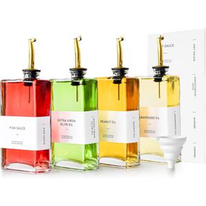 sweet grain Olive Oil Dispenser Bottle for Kitchen(4 Pack) - 17oz/500ml Oil And Vinegar Dispenser with 36 Labels and Silicone Funnel, Glass Soy Sauce Dispenser - Gold