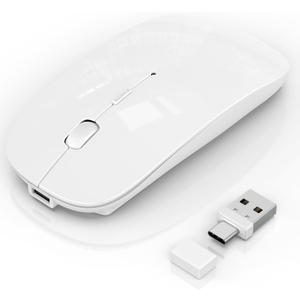 Wireless Mouse for Laptop/MacBook Air/Pro & iPad, Mouse Jiggler Mode Bluetooth 5.2/2.4G Rechargeable Silent Click 3-Level DPI Slim Portable USB-A&C Receiver (Mouse Jiggler Mode, White)