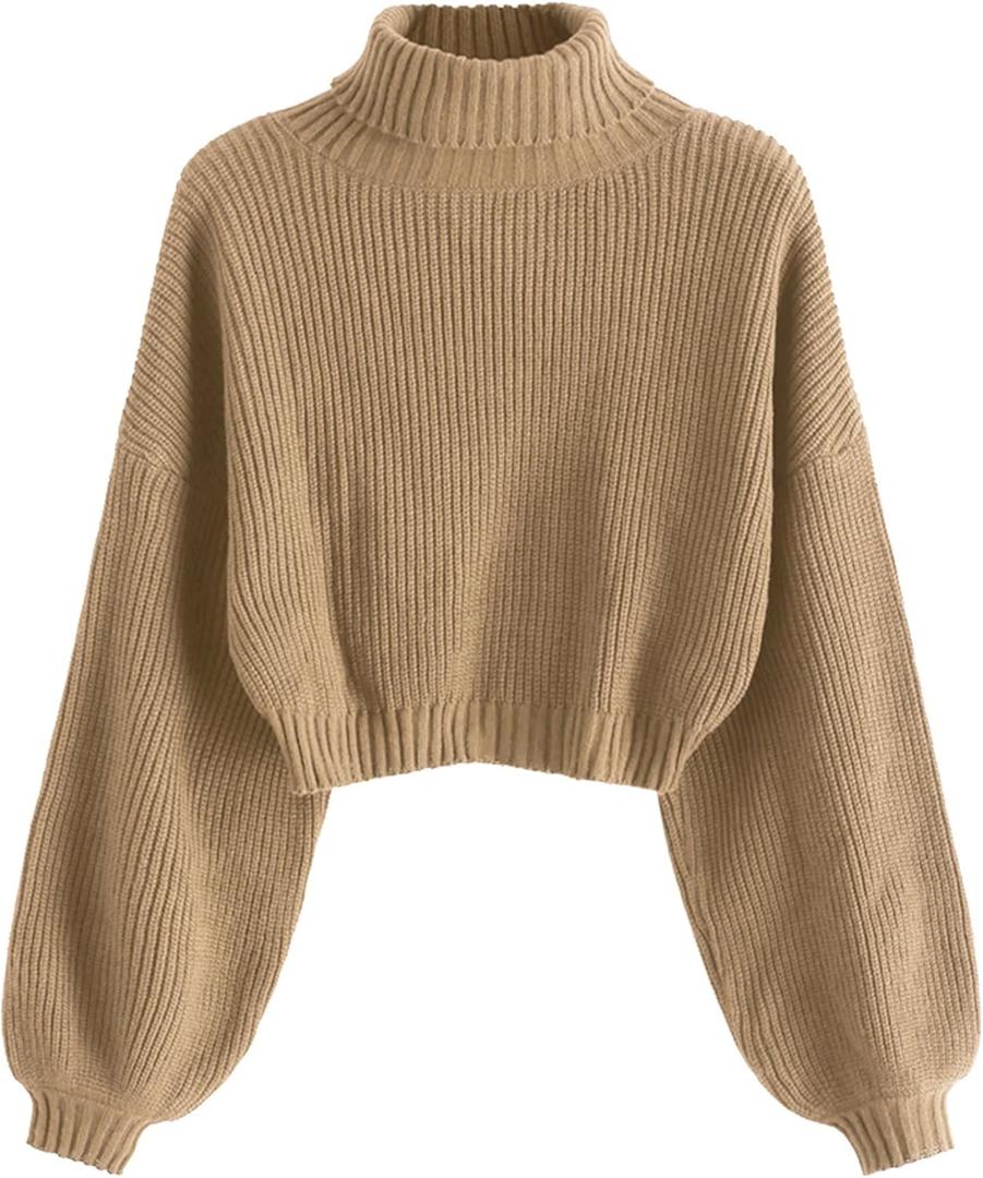 ZAFUL Women's Cropped Turtleneck Sweater Lantern Sleeve Ribbed Knit Pullover Sweater Jumper (Medium, 2-tan)