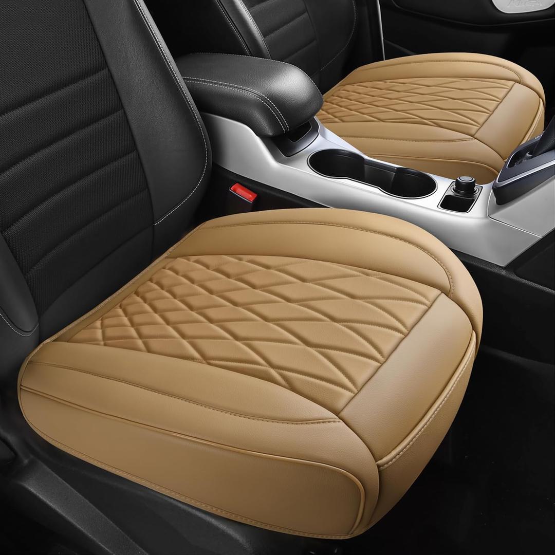 CAR PASS 2 Pack Leather Front Car Seat Covers, Bottom Seat Covers Full Wrapped with Storage Pocket, Anti-Slip Leather Seat Protectors,Waterproof Seat Cushion Pad Universal Fit Sedan SUV Truck, Beige (Two Pieces Bottom)