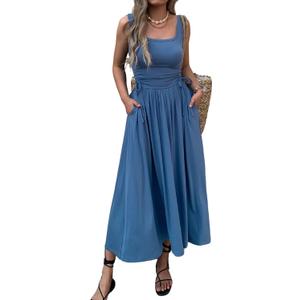 Mieazom Women’s Boho Summer Maxi Dress with Pockets, Adjustable Waist, Sleeveless Casual Ruched Sundress for Beach Vacation Blue XL