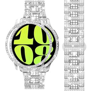 Dsytom Stylish Bands Compatible with Samsung Galaxy Watch 7/6 40mm 44mm, 20mm Bling Metal Replacement Galaxy Watch 7/6 Band 40mm 44mm with Rhinestone Protective Case for Women (Silver)