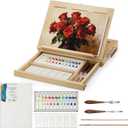LUCYCAZ Art Easel for Painting, Tabletop Painting Easel Set for Kids, Pine-Wood Portable Easel Stand for Artists with Canvas, Acrylic Paints, Brushes, Palette and Palette Knives for Adults Beginners