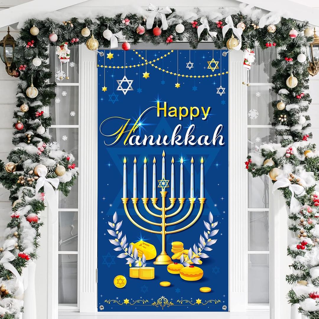 Happy Hanukkah Door Cover and Banner - Chanukah Hanging Welcome Sign - Fabric Photography Prop for Jewish Festival Holiday Decorations and Party Supplies