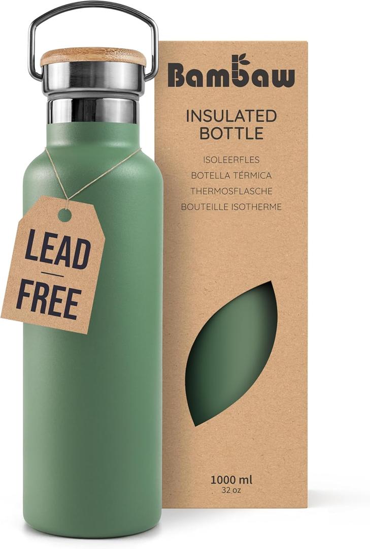 Bambaw 32oz Insulated Water Bottle, Green Stainless Steel Water Bottle, Large Water Bottle Stainless Steel, Hiking Water Bottle, Metal Water Bottle, 32 oz Water Bottle  Sage Green