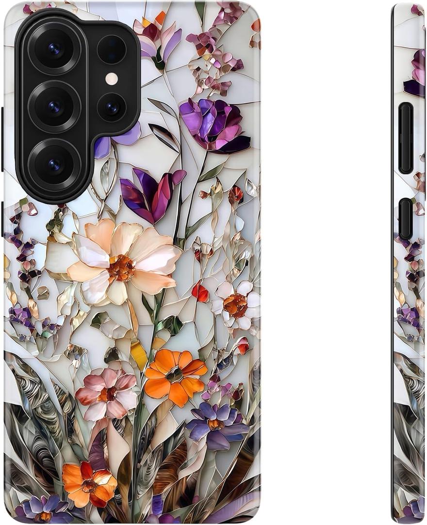 DEENAKIN for Samsung Galaxy S26 Ultra Case Cute,Aesthetic Stained Glass Wildflowers Girly Shell,Compatible with Magsafe,Unique Retro Western Protective Slim Silicone Phone Cover for Women Girls (Marbled Floral Veins)