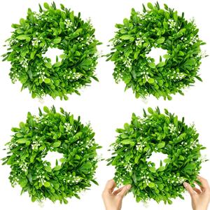 4 Pcs Christmas Boxwood Wreath Artificial 10 Inch Green Leaves for Front Door Cabinets Wreath Indoor Outdoor Wall Decor Christmas Wall Home Kitchen Decoration