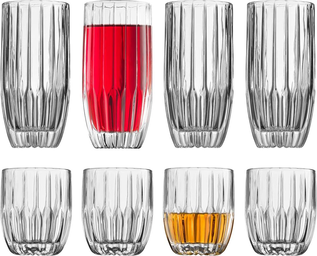 Godinger Drinking Glasses Set - 8pc Barware Set, Highball & Whiskey Glasses - 4 Highballs (12oz) and 4 Whiskey Glasses (10oz)