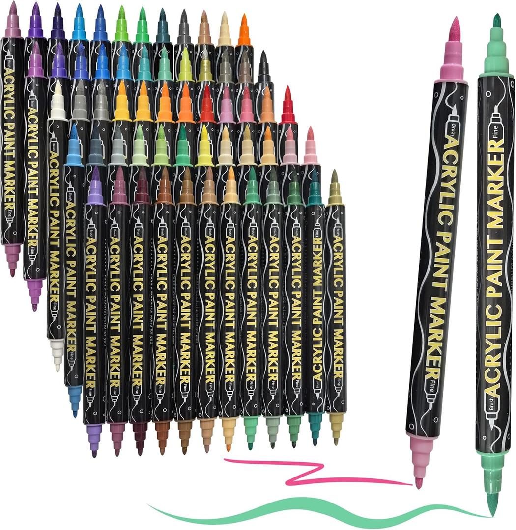 Markers for Adult Coloring Books No Bleeding, Dual Tip Acrylic Paint Markers, Brush & Fine Tip, Art Supplies for Rock Painting, Plastic, Wood, Canvas & Outdoor Projects (60 Colors) (1 Count (Pack of 60), Multicolor)