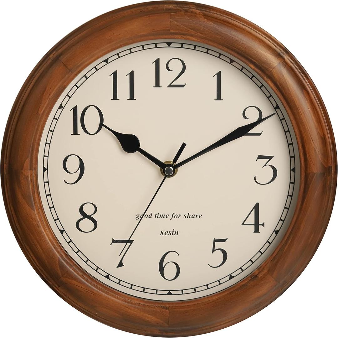 Wooden Wall Clock with Retro Design, 11 Inches Round Wall Clocks Battery Operated Silent Non-Ticking, Big Arabic Numerals, for Kitchen Living Room Classroom Gym and Pool, Brown