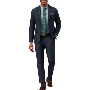 PJ PAUL JONES Mens 2 Piece Suit Vintage Herringbone Tweed Suits 2 Button Peak Lapel Blazer Pants Set (X-Large, Navy Blue)