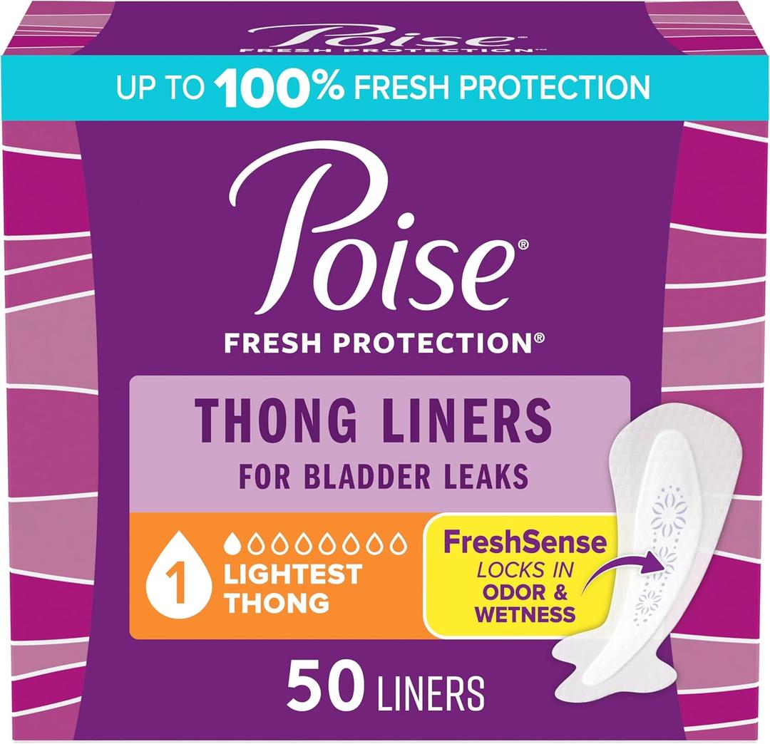 Poise Daily Thong Liners, Incontinence Panty Liners for Bladder Leaks, 1 Drop Lightest Absorbency, 50 Count of Pantiliners