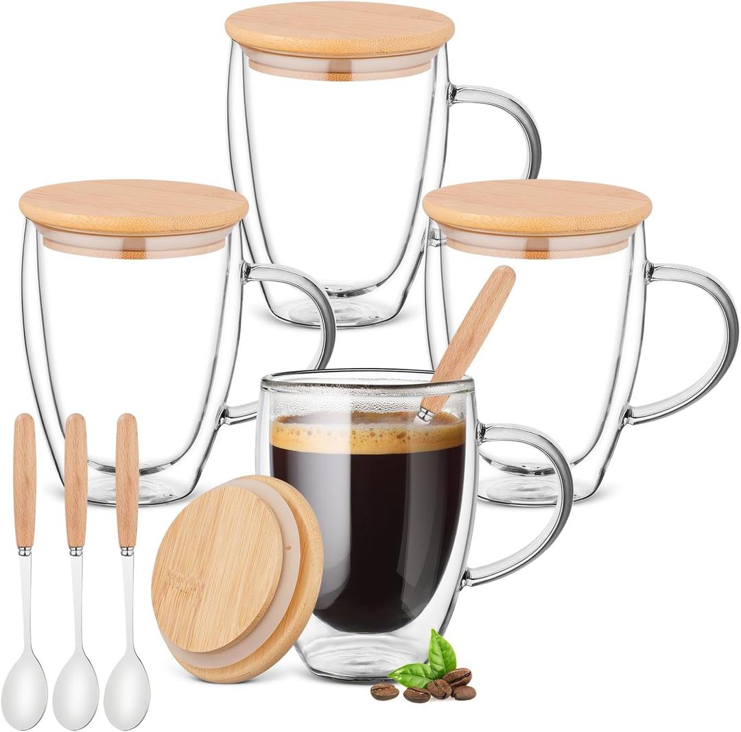 Ulrikco 4 Pack Double Walled Glass Coffee Mugs with Bamboo Lid/Spoon, Insulated Coffee Cups with Handle, Cappuccino Latte Glasses Cup, Clear Glass Mugs for Hot Drinks Tea Milk Juice Ice Cream (350ml)