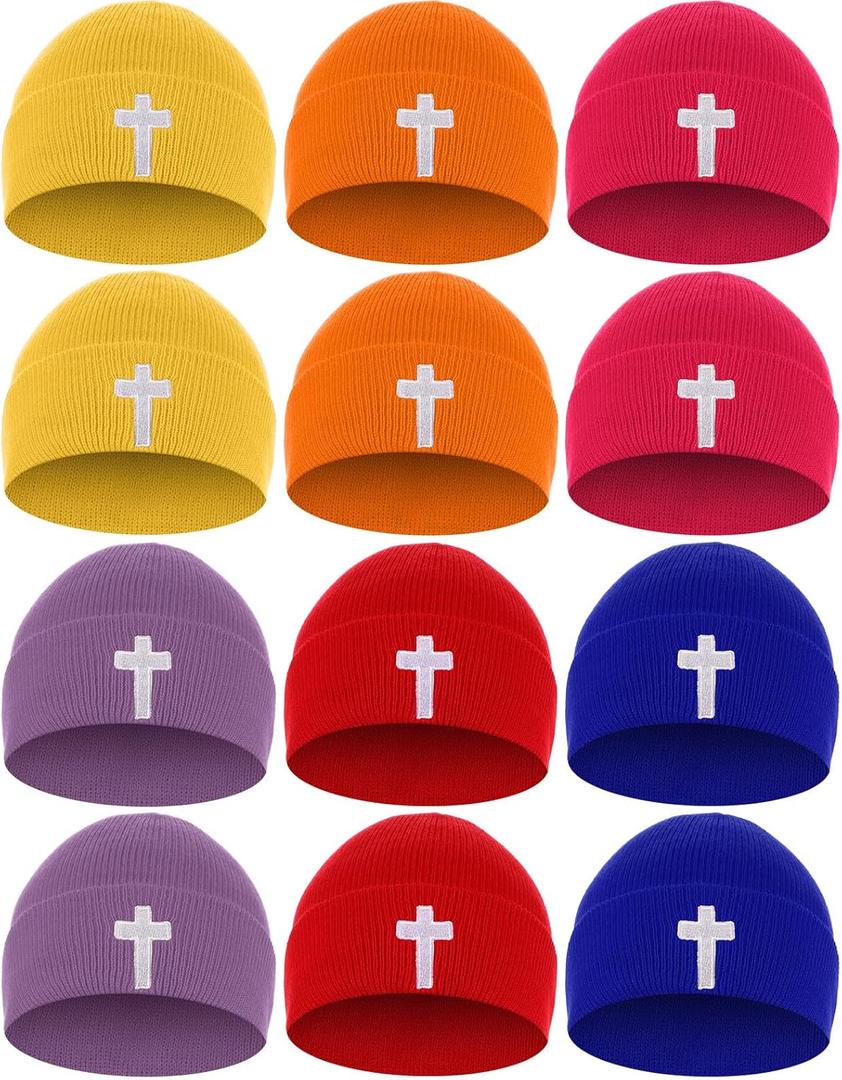 Coume 12 Pcs Kids Beanie Hats Multicolor Cross Winter Beanie Hats Christian Cuffed Skull Cap Warm Beanies for Kids Boys Girls