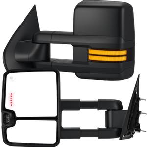 Tow Mirrors Compatible with 2014-2018 Chevy Silverado GMC Sierra, Sequential Switchback Turn Signal, Backup/Arrow Light, Power Heated, Dual Glass, Manual Telescoping Folding, Black Housing