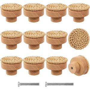 ANPHSIN 12 Pack Boho Wood Dresser Drawer Knobs- Handmade Rattan Woven Cabinet Knobs Pulls Handles with 24 Screws for Home Nursery Furniture