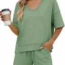 Tankaneo Womens 2 Piece Outfits Shorts Set Summer Casual Short Sleeve V Neck T Shirts Tops Matching Lounge Sets (Green, XXL)