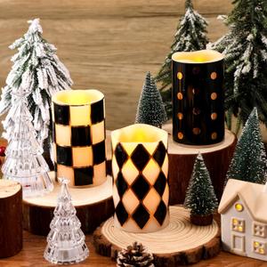 3 Pcs Christmas Black and White Check Flameless Candle Battery Operated Pillar Flameless Candles Farmhouse Flickering Real Wax Decorations for Xmas Gifts Holiday Decor Home Party Festival