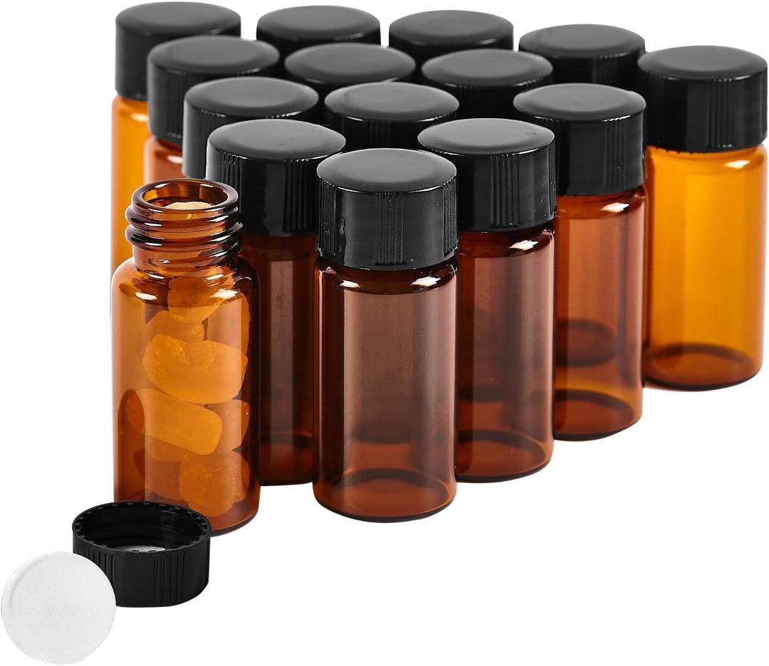 15 PCS 10ML Amber Small Liquid Sample Glass Vials with Screw Caps,0.34OZ 22x52mm Leak-Proof Vial, 18-400 Black Screw Cap with PE Liners for Lab, Essential Oil, Perfume, Reagents