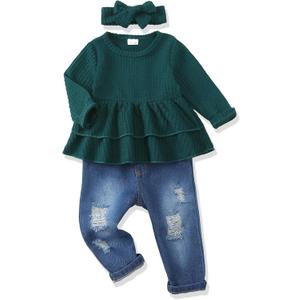 Renotemy 2t-3t Toddler Girl Clothes - Fall Winter Outfits - Green Cowgirl Jeans Pants Set Size 2t 3t - Rib Knit (Green)