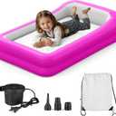 GloTika Inflatable Toddler Travel Bed, Portable Kids Air Mattress with Soft Bed Sheet, Toddler Air Mattress with Surround Safety Bumpers, Ideal for Home Use or Travel, Includes Pump and Carry Bag,Pink