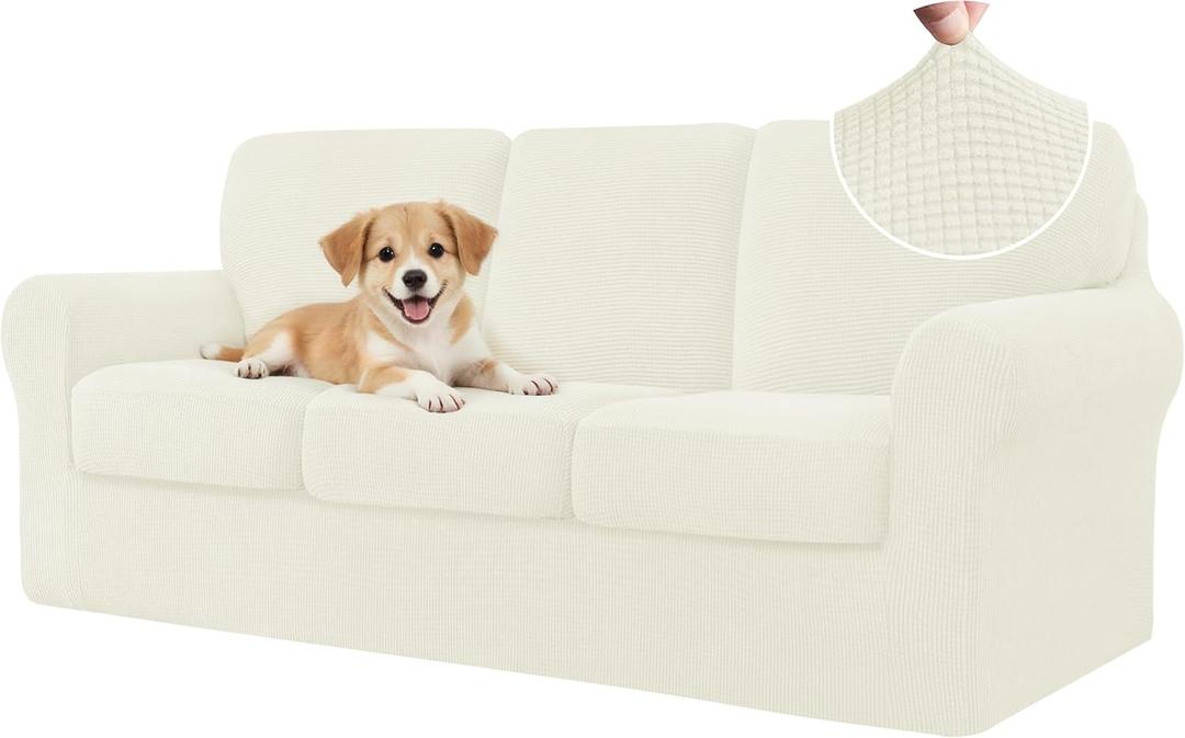 CHUN YI 7 Piece Couch Covers Sofa Covers Washable, Stretch Sofa Slipcovers for 3 Cushion Couch with Seperate Backrest and Cushion Covers, Anti Slip Furniture Protector for Dogs Pets (Large, Cream)
