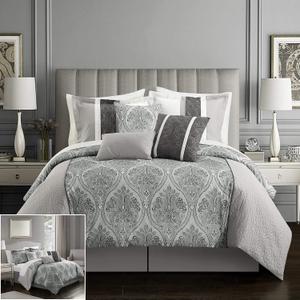 Chic Home 7 Piece Comforter Set Reversible Two-Tone Damask Pattern Geometric Quilting Bed Skirt Decorative Pillows Shams Included, Microfiber, Grey, Queen