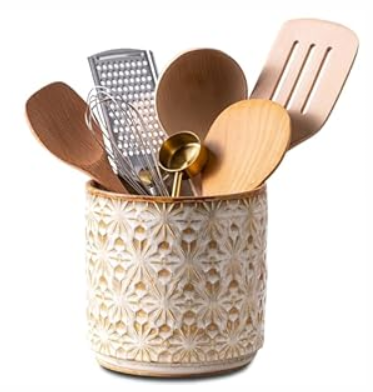 Noevany Utensil Holder Rustic Farmhouse Ceramic Utensil Crock for Countertop - 5.3" Handcrafted Kitchen Cooking Utensil Crocks with Cork Base, Natural Finish for Kitchen Tools Storage
(Wheat Brown)