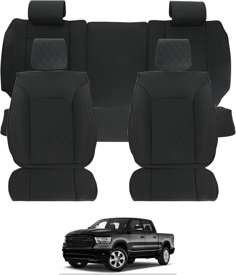 ROCCS Leather Seat Covers 5 Seats Full Set Fit for 2009-2024 Dodge Ram 1500 Cushion Cover Breathable,2010-2023 Dodge Ram 2500 3500 Airbag Compatible Waterproof Truck Seat Cover Black
