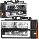 Auto Dynasty LED DRL Headlights Assembly Compatible with 1994-2000 GMC C/K Series Yukon Suburban, 8Pcs Composite Headlamps w/Bumper Lamps, Dual C-Style Running Lights, Black Housing Amber Corner