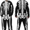Men's Halloween Skeleton Costume, Deluxe Comfy Easy for Adult Double Sided Skeleton Jumpsuit with Hood﻿ Large