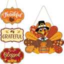Thanksgiving Decoration Wood Pumpkin Turkey Door Wall Wreath for Front Door Sign Thankful Blessed Grateful, Pumpkin Sign for Fall Autumn Harvest Home Thanksgiving Party Outdoor Halloween Decoration (Large)