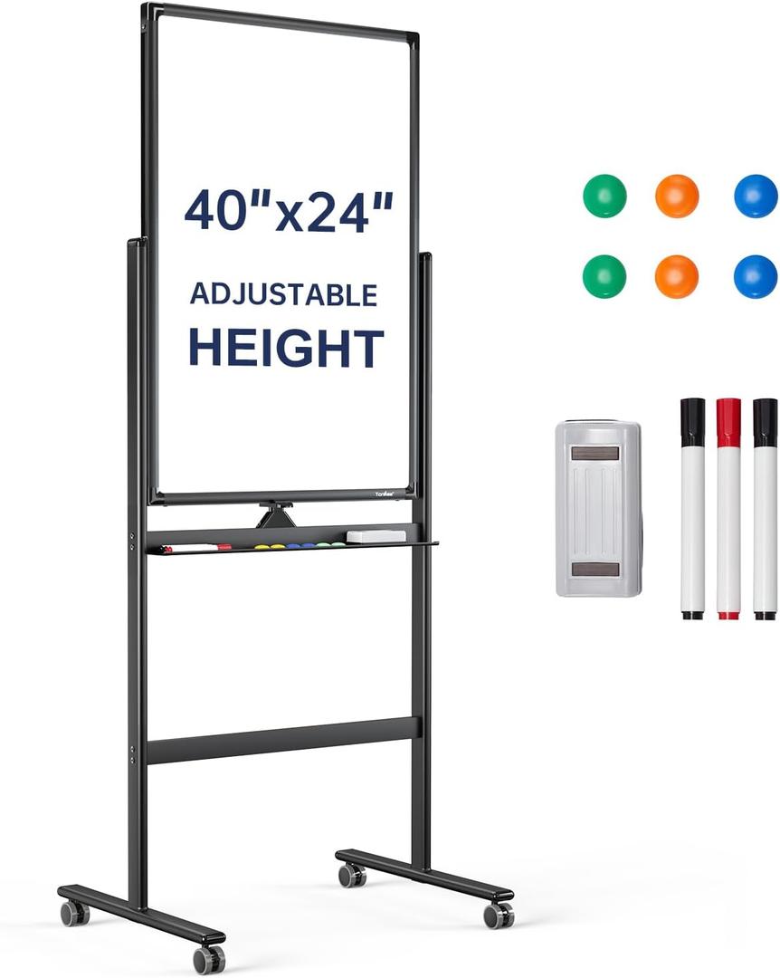 TANKEE Rolling Whiteboard, 40x24 Inches Standing White Board, Magnetic Double-Sided Mobile Whiteboard on Wheels, Large Dry Erase Board with Stand, Height Adjustable White Board for Office School Home