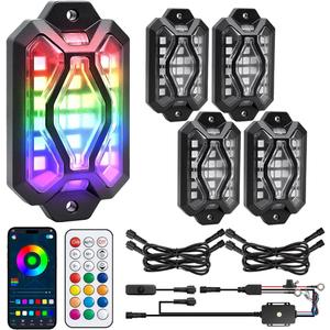 Five-Sided RGB Rock Lights - 4 Pods Multicolor Glow App/Remote Control, Music Sync, Brake Turn Signals, Easy Dual Wiring, Wheel Well Lights Underglow Kit Compatible for Car Trucks Jeep SUV UTV ATV