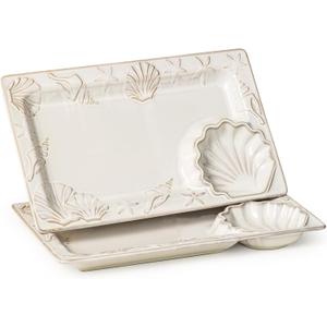 Serving Platters and Trays Set of 2, Large Serving Platter with Dipping Bowls, Christmas Serving Dishes for Entertaining, 14" Ceramic Rectangular Serving Trays for Party - Coastal Decor, Creamy White