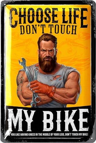 LANOLU Vintage Tin Sign - CHOOSE LIFE don't touch MY BIKE - Biker Rules, Motorcycle Wall Decor, Vintage Metal Art, motorcycle metal sign for garage - embossed 12x8", Set of 3