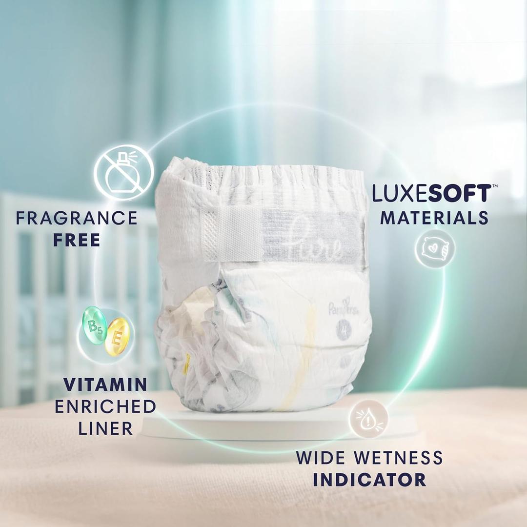Pampers Pure Baby Diapers, Size 1 (8-14 lbs), 132, Up to 100% Leakproof, Premium Hypoallergenic Soft Diapers