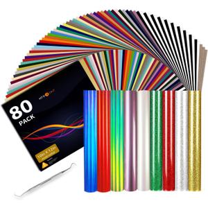 HTVRONT HTV Heat Transfer Vinyl Bundle: 80 Pack 12" x 10" Iron on Vinyl for T-Shirt, 39 Assorted Colors with Vinyl Accessories Tweezers for Silhouette Cameo or Heat Press Machine
