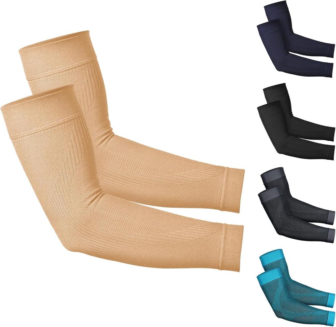 KEKING Compression Arm Sleeves, Firm 20-30mmHg Graduated Compression Full Arm Support for Recovery, Pain Relief, Tendonitis, Golfers & Tennis Elbow Brace, Workouts Sports - Latex Free Beige XXL (XX-Large (1 Pair))