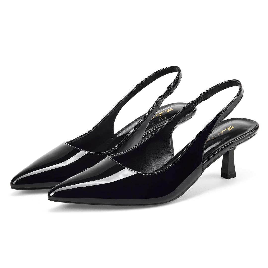 Elisabet Tang Women's Slingback Kitten Heels, 2.16 inch Sexy Closed Pointed Toe Low Stiletto Heels Slingback Pumps for Women Slip on Elastic Strap Wedding Party Dress Shoes Black Patent Size 9