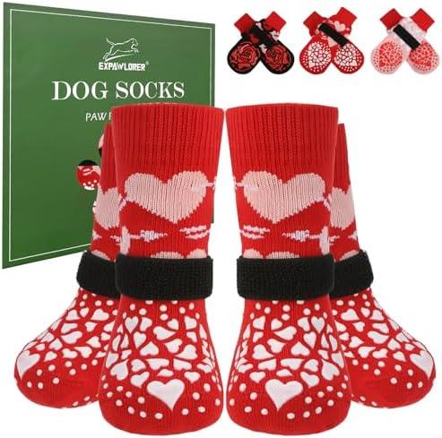 EXPAWLORER Dog Socks to Prevent Licking Paws, 4 Pcs Anti Slip Dog Socks with Grippers, Dog Shoes for Hardwood Floors, Dog Booties for Small Medium Large Senior Dogs, Red M
