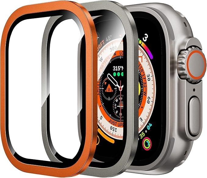 WSKEN for Apple Watch Ultra 3/Ultra 2/Ultra Screen Protector 49mm,9H Tempered Glass + Titanium Alloy Frame, [Keep Original] [Touch Sensitive] Lightweight Protective Glass Film, Orange + Original