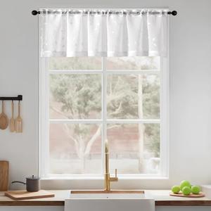 Slozzi Sheer Voile Curtain Valance Leaves Embroidered Small Window Valances Curtains 54x16 Inches 2 Panels, Rod Pocket Short Window Treatment Toppers for Bathroom Kitchen Over Sink, White Leaves